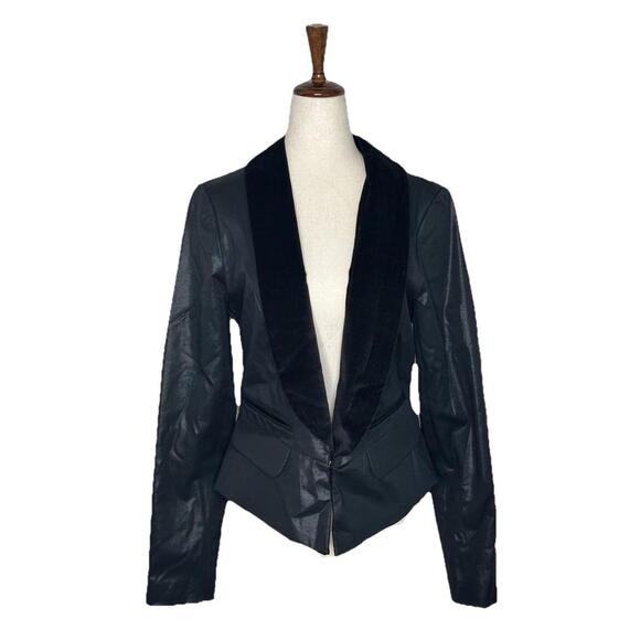 Guess Jackets & Blazers - Guess Black Velvet Lapel Faux Leather Look Blazer Womens L Fitted Jacket Stretch